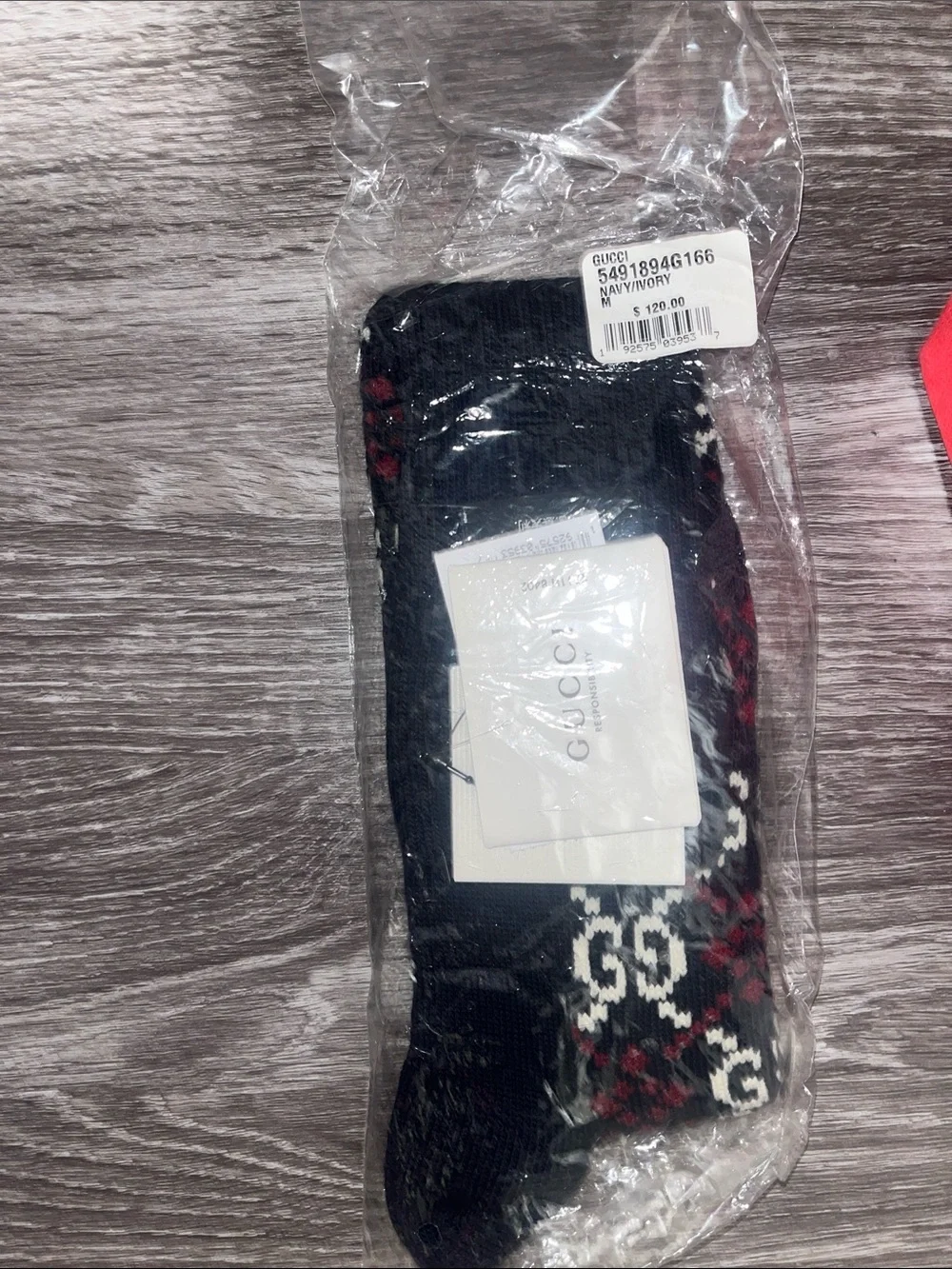Gucci Black Wool Blend Crew Socks with Red & White GG Pattern